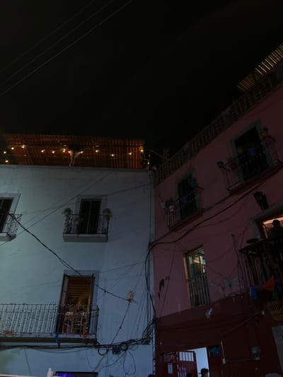 This image displays a nighttime street scene in Guanajuato City, Mexico, featuring two multi-story buildings. The structure on the left is light-colored (white/pale grey), while the adjacent building on the right is pink with a darker red lower facade.

The light-colored building presents three visible balconies with black iron railings; the top two balconies contain small white potted plants. A lower open doorway on this building reveals an illuminated interior, where string lights and several indistinct human figures are visible. Above this building, a corrugated metal roof structure is present, illuminated by string lights. Below the lowest balcony, a white dispenser is mounted on a ledge.

The pink building on the right features two balconies with black iron railings, adorned with colorful potted plants in blue, yellow, and white containers. Multiple windows are visible, some fitted with vertical metal grates. In an upper-level window of the pink building, the dark silhouette of a human figure is discernible. The ground level of this building includes a partially visible entrance with a red gate.

Numerous black electrical and communication wires are extensively strung and bundled across the foreground and between both buildings. The sky above is dark and cloudless.