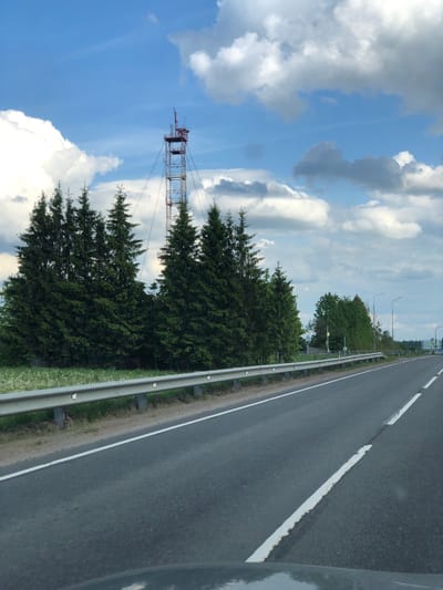 This media file captures a daytime scene along a road in Dyatlitsy, Russia, likely from a moving vehicle. The image is oriented vertically, with the road stretching from the lower right towards the top center.
The scene features a multi-lane asphalt road with clear white markings, including a solid line on the shoulder and a broken line separating traffic lanes. A metal guardrail runs along the left side of the road (as pictured), separating it from a strip of green grass interspersed with small white flowers. Beyond the guardrail, and extending across the left side of the frame, are dense rows of dark green coniferous trees, possibly spruces or pines.
Dominating the upper left portion of the image, rising above the treeline, is a tall, red and white metal lattice tower. This communication or radio tower is equipped with various antennas and structural elements at its apex, with wires extending from it.
The sky occupies the majority of the background, displaying a bright blue hue with scattered white and grey cumulus clouds. The lighting suggests it is mid-day or afternoon, and the weather appears fair. No people or legible text are visible in the frame. The overall impression is one of a highway or main road passing through a forested, possibly rural, landscape.
