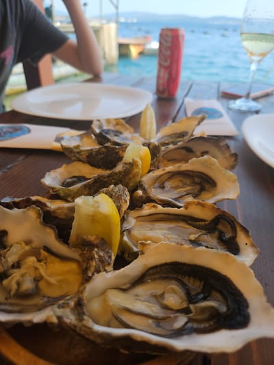 A close-up, slightly angled outdoor shot displays a platter of freshly shucked oysters, garnished with lemon wedges, arranged on a dark wooden table. In the background, out of focus, a person wearing a dark t-shirt is visible, their arm resting on the table. Further back, a can of Coca-Cola, a glass of white wine, and a cell phone are present. The environment suggests a waterside location, with a body of water and distant hills or mountains visible. The scene is likely Jošice, Montenegro, given the context of a restaurant by the sea.