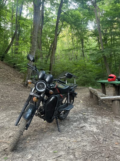 A black motorcycle is parked on a dirt path in a forest. A red helmet sits on a green wooden picnic table to the left of the motorcycle. The forest is dense with tall trees and lush green foliage, suggesting it is daytime and likely a pleasant weather day. The ground is covered with dirt, fallen leaves, and small branches, indicating an outdoor, natural setting. The motorcycle appears to be a street bike with a circular headlight and black tires. The scene has a relaxed and recreational feel, possibly indicating someone is taking a break during a ride in the countryside. The visible text on the motorcycle reads "CHAMP".