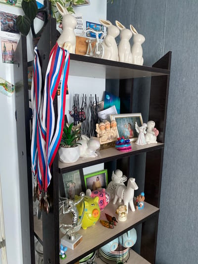 The image shows a close-up, eye-level view of a dark brown, multi-shelf unit filled with various decorative objects and personal items. The shelves are made of a lighter wood material.
On the top shelf, there are several white ceramic bunny figurines with gold accents on their ears, arranged in a row. To their left, there are two potted plants with dark green leaves. To the far left, a set of medals with red, white, and blue ribbons hangs from a hook. Various postcards and small decorative items are visible on the left side of the shelves.
The second shelf down features a small white potted plant, more ceramic figurines including angels and what appears to be a white bear holding a pink heart. A framed photograph of a family is also present.
The third shelf displays a silver trophy of a runner, a bright yellow piggy bank, and a white ceramic horse figurine. There are also smaller figurines of angels, ducks, and a teddy bear.
The bottom shelf, partially visible, contains stacks of colorful plates and some cups.
The overall environment appears to be an indoor setting, likely a home, with a textured grey wall in the background. The lighting is diffused, suggesting ambient indoor light. The image does not contain any information indicating it is located in the city of Sakmara, Russia.