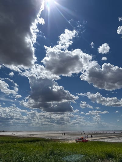 A bright, sunny day is depicted with dramatic, fluffy white and grey clouds filling a vibrant blue sky. The sun is positioned in the upper left, casting bright rays. The scene appears to be the coastal area of Bursol, Russia, possibly near a salt lake or a shallow body of water. In the foreground, lush green grass sways. Further back, a vast, flat expanse stretches towards the horizon, dotted with many small figures of people. A red vehicle with a yellow roof is parked on a dirt path in the middle ground, with a few people standing nearby. The overall impression is one of a lively outdoor scene on a clear summer day.
