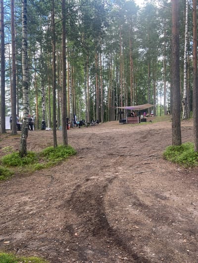 The image depicts a gathering of people in a forest clearing near a stage area. Several individuals are visible, some appearing to be setting up equipment or enjoying a leisurely moment. The scene includes a makeshift stage with speakers and a canopy, suggesting a small performance or event is underway or about to begin. The surrounding environment is characterized by tall, mature trees, primarily pines and birches, with a sandy or dirt path winding through the woods. Green foliage lines the edge of the path, indicating a natural, outdoor setting.

The lighting suggests it is daytime, with soft sunlight filtering through the trees, casting shadows on the ground. There are no explicit indicators of the weather, but the foliage appears healthy and vibrant, implying favorable conditions. The presence of a stage and people gathered implies a social event, possibly a concert, festival, or community gathering. The overall mood appears relaxed and casual, with individuals dressed in everyday clothing.

The location context provided is "Родник Днп, Russia," which suggests the gathering is taking place in a natural area likely associated with a dacha settlement or a recreational area in Russia. No visible text is present in the image that would provide further clues about the event or location. The image is oriented vertically, capturing a wide view of the wooded area and the activity within it.