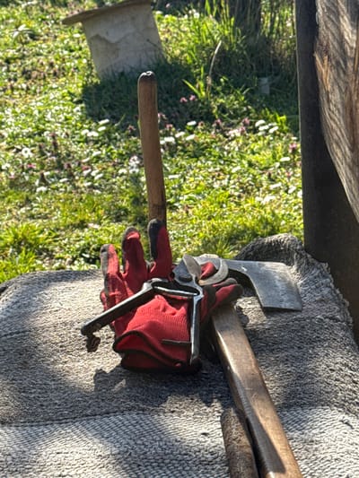 The scene depicts an outdoor setting in Gorna Grashtitsa, Bulgaria, under direct sunlight. In the immediate foreground, a textured gray fabric surface, possibly a rug or blanket, is visible. Resting on this fabric are a pair of crumpled red work gloves with black fingertips. Positioned atop the gloves are a pair of silver-toned metal pruning shears and a small hand-axe with a wooden handle, its metal blade facing right. A long, slender wooden handle extends vertically from the lower central-right, obscuring a portion of the background. A dark, vertical wooden or metallic post is partially visible on the far right. The background features a sunlit expanse of green grass densely populated with small white and purple wildflowers. In the upper left background, a light-colored, possibly concrete or ceramic, planter is visible, partially obscured. No individuals are present in the image.