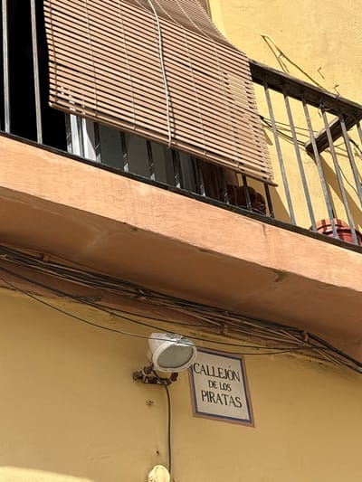 The image captures a section of a building facade on Callejón de los Piratas in Cádiz, Spain. The upper half features a balcony on a yellow-painted structure, beneath a brighter yellow wall. The balcony has dark, possibly wrought-iron, vertical railings and an orange-toned concrete support beam underneath. A light brown, horizontally slatted wooden blind is partially lowered, covering approximately two-thirds of the window opening behind the balcony railing. Through the railings on the balcony floor, a red terracotta pot is visible on the right side. A short-haired brown dog is observed peering over the balcony railing, positioned to the left of the pot. Below the balcony, multiple black electrical cables are strung horizontally across the yellow wall. A white, wall-mounted floodlight with a silver reflector is affixed to the wall, positioned below the electrical cables and to the left of a street sign. The sign is a square ceramic plaque with a blue border, displaying the text "CALLEJÓN DE LOS PIRATAS" in dark blue capital letters. The scene is illuminated by direct sunlight, casting shadows.