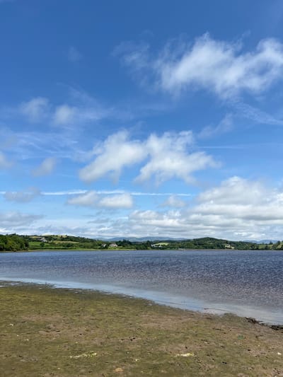 This is a vertical, eye-level shot of the Tullycullion Reservoir in Tullycullion, Ireland, on a bright, cloudy day. The foreground is dominated by a muddy shoreline with sparse green vegetation. The dark blue water of the reservoir stretches across the middle ground. In the background, rolling green hills are dotted with houses and trees, and a distant mountain range is visible. The sky is a vibrant blue, filled with scattered white clouds, some of which appear wispy and stretched. There are no people or animals present in the image.