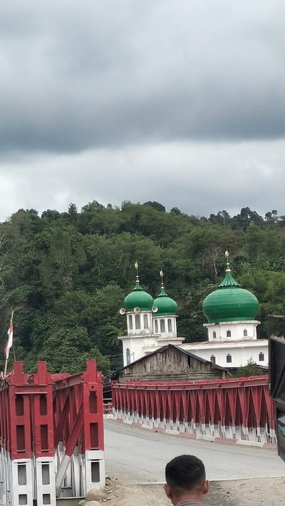 This is a vertical, medium-shot, eye-level photograph taken outdoors in Jamurujung, Indonesia. The scene depicts a mosque with prominent green domes set against a backdrop of lush, green, forested hills under a cloudy, overcast sky. The mosque features white minarets with gold-tipped finials and what appear to be speakers mounted on its structure.
In the foreground, a red steel bridge structure dominates the lower portion of the frame, with a road curving away from it and leading towards the mosque. The bridge has white and red striped barriers along its edges. Partially visible in the lower right corner is the back of a person's head and shoulders, suggesting the photographer's perspective. A flag, appearing to be the Indonesian flag, is visible on a flagpole to the left of the bridge. The overall atmosphere is somewhat subdued due to the overcast weather. The time of day is likely daytime, given the natural light.