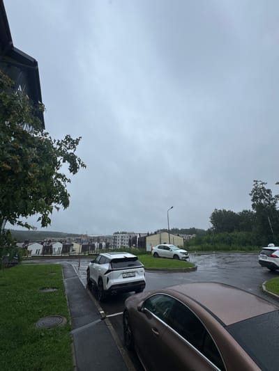 The image captures a cloudy, overcast day in Близкое КП, Russia. In the foreground, a brown car is parked, its roof showing raindrops. To its right, a white SUV is parked in a designated spot. Further in the background, another white sedan is visible on a patch of grass. The scene depicts a residential area with several multi-story buildings and houses in the middle ground, some with dark roofs. A cluster of trees forms a natural boundary to the right. The ground is wet, indicating recent rain, and a street lamp stands on the left side of the frame.