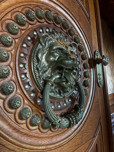 A detailed, ornate wooden door features a prominent lion's head door knocker. The knocker is made of dark metal, with intricate details showing the lion's mane and a ring held in its mouth. The door itself is adorned with concentric circles of decorative carvings, including small, raised floral or starburst patterns and brass studs. A metal doorknob and escutcheon are visible at the top of the door.