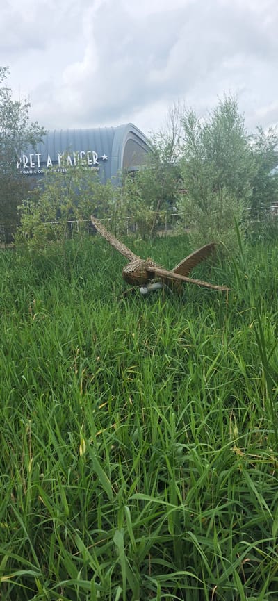 The image depicts a wicker sculpture of a bird resting in tall green grass. The bird sculpture is positioned in the foreground, with its wings outstretched. In the background, a modern building with a curved roof is visible, featuring the "PRET A MANGER" logo. The sky above is overcast with a cloudy texture. The scene is set outdoors, with a natural environment of grass and trees surrounding the building and the sculpture. The location is identified as Rushden, United Kingdom.
