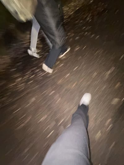 The image captures a low-angle, motion-blurred view of at least three individuals walking outdoors in Haguenau, France, under dim lighting. The perspective is from the waist down, focusing on legs and footwear moving across an indistinct ground surface. In the foreground, a leg clad in dark pants and a white shoe extends forward, likely belonging to the person holding the camera. To the upper left, another individual's legs are visible, wearing light-colored pants and white shoes, also in motion. Centrally, a third person walks, distinguished by dark pants with rolled cuffs revealing white socks or lining, paired with dark shoes featuring white soles. The ground beneath them is dark and textured, possibly a dirt path or natural terrain covered with debris like leaves or twigs, all rendered with horizontal motion streaks. No specific architectural or environmental identifiers for Haguenau are discernible beyond the general outdoor setting.