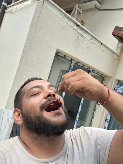 The media file features a close-up, low-angle shot of a man with a beard, wearing a white t-shirt. He is holding a stem with three cherries towards his open mouth, appearing to be about to eat them. His eyes are closed, and he has an expression of enjoyment. A red string bracelet with small gold beads is visible on his wrist.
The background suggests an outdoor or semi-outdoor setting, possibly a balcony or terrace, with architectural elements visible. These include textured cream-colored walls, window frames with blue and white tape, and some construction materials. The lighting suggests it is daytime.
The location context provided is Dolna Malina, Bulgaria, which offers a geographical reference for the scene. No specific weather conditions are discernible from the image. Some faint handwritten text, possibly numbers and letters like "64," is visible on one of the window frames.