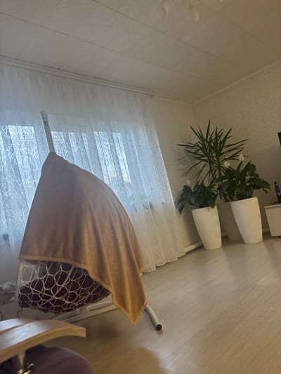 The image shows an interior space, possibly a room, in Nestiukovo, Russia. The walls are paneled with white patterned material, and the floor appears to be light-colored laminate or vinyl. Two potted plants in white containers are positioned near the top of the image. A window with white horizontal blinds is prominent in the center. A piece of furniture, possibly a chair, with a tan or beige fabric draped over it is in the lower right corner. The scene appears to be a residential interior.