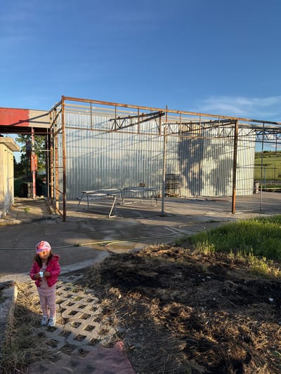 A low-angle outdoor shot in Dabnik, Bulgaria, shows a corrugated metal structure with a rusty metal frame against a blue sky. A young girl wearing a pink jacket, pink pants, and a pink hat stands on interlocking concrete blocks with grass and dry vegetation in the gaps. A yellow hose lies on the concrete walkway, leading toward the metal structure. Beyond the structure, a green field is visible. The foreground consists of dark soil and vegetation. The lighting suggests late afternoon or early morning.