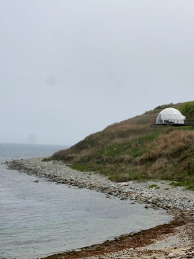 A tilted long shot reveals a scene featuring a body of water, a pebble beach, and a grassy cliff. A white geodesic dome-like structure is perched on the cliff. The sky is overcast. The scene appears to be in Zarubino, Russia.
