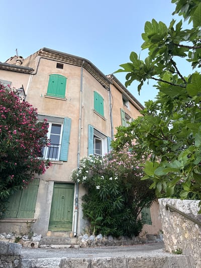 This media file depicts a weathered, ochre-colored building with vibrant green shutters and doors. The building appears to be in a rustic European setting, with stone pathways and lush vegetation surrounding it. The scene is bathed in natural light, suggesting it was captured during the daytime, likely in the late afternoon or early evening due to the warm tones and soft shadows.
The primary subjects are the building and its surrounding flora. Large, leafy branches of a fig tree frame the top of the image, casting dappled shade. Below, a profusion of pink oleander flowers and white blossoms creates a vibrant contrast against the muted tones of the building. The architecture is characterized by its traditional design, including slatted shutters and a pitched roof with visible drainage pipes. One notable detail is a small, weathered wooden door with a round metal handle, nestled amongst dense green foliage.
The scene conveys a sense of tranquility and timelessness, characteristic of a Mediterranean village. There are no people visible, and no specific activity or event is taking place. The overall impression is one of a serene, picturesque corner of a historic town, possibly Moustiers-Sainte-Marie, France, given the architectural style and abundant vegetation often found in such locations. The stone elements, including the steps and retaining walls, further emphasize the rustic and aged nature of the environment. There is no visible text in the image.