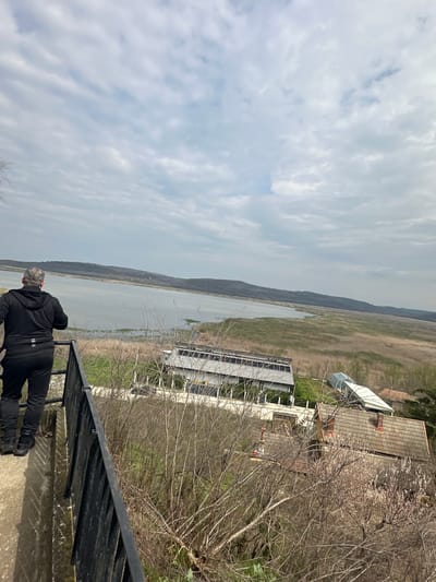 A person dressed in black is observing a landscape. The individual is positioned on a concrete structure with a black metal railing. In the distance is a body of water bordered by grassland and trees. To the right of the body of water is a building with a tiled roof and a smaller white structure. A multi-story building is located behind the railing and a leafless tree. The sky is overcast with clouds. This scene depicts the Srebarna Nature Reserve in Bulgaria.