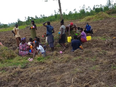 A group of people is gathered on a grassy hillside. Some individuals are seated on the ground, while others are standing. Several people hold cups or containers. The group appears to be taking a break, potentially during or after working in the surrounding fields. The background shows a mix of trees and open land. There is one small tree without leaves on the top.