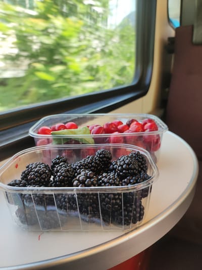 A close-up, eye-level, outdoor shot captures two plastic containers of berries resting on a white table, likely within a train compartment. The container in the foreground is filled with blackberries, while the one behind it holds red cherries, a single green leaf visible amongst them. The berries appear fresh and plump. Beyond the containers, a window reveals a blurred, green landscape of trees and foliage, suggesting the train is in motion. The sun is shining, casting a bright light on the scene. The background is slightly out of focus, with the dark interior of the train visible on the right. No people or animals are present in the image.