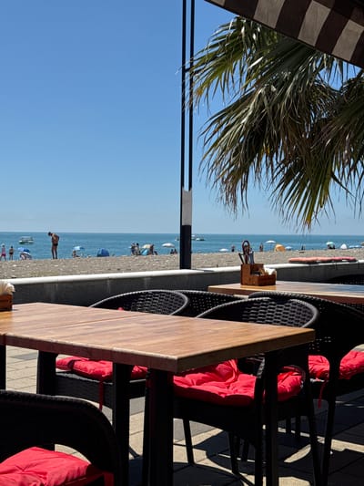 A view from an outdoor cafe in Vardane Microdistrict, Russia, shows a beach scene. In the foreground, a wooden table with black chairs featuring red cushions is set for dining. Beyond the cafe, a pebble beach is dotted with beachgoers, umbrellas, and a few boats in the blue ocean under a clear sky. A palm tree frond extends into the frame from the right, partially obscuring a striped awning.