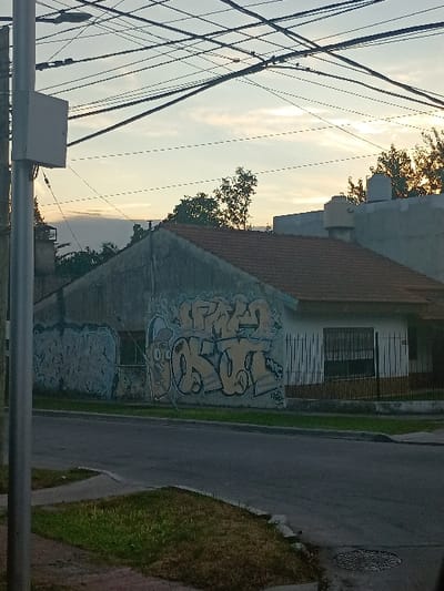 The image shows a street in General Pacheco, Argentina, with a single-story house on the right side of the street. The house has a tiled roof and a white exterior with a black metal gate. The exterior of the house and the wall of the building to the left are covered in graffiti, with yellow, orange, and blue paint. There are numerous power lines running across the sky, and some trees in the background. The street is asphalt and appears to be deserted. The weather appears to be clear, with a partly cloudy sky. There are no people visible in the image. The coordinates provided (latitude: -34.459, longitude: -58.646) place this location in a residential area of General Pacheco.