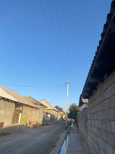 This image depicts a street scene in the city of Боғистон, Tajikistan. The view is looking down a dirt road lined with buildings on both sides. On the left, there are several single-story houses with light-colored walls and corrugated metal roofs. One house has an open doorway with a yellow door and a person in a colorful dress can be seen shoveling sand. On the right side of the road, a tall wall constructed of grey cinder blocks runs along the property line, its corrugated roofline visible above. Overhead, a clear blue sky is crisscrossed by several power lines supported by a concrete utility pole located further down the street. A narrow, concrete ditch carrying water runs alongside the road on the right, adjacent to the cinder block wall. A few trees are visible in the distance, interspersed with more buildings. The overall impression is a residential street in a rural or semi-urban area.