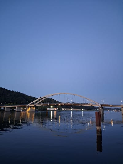 An image shows the Vilsbiburger Straße Bridge in Vilshofen an der Donau, Germany, at dusk. The bridge, which has an arched superstructure supported by cables, spans a wide river. Lights on the bridge and from structures on the riverbank cast reflections on the dark water. A forested hill rises behind the river on the left side of the image. The sky is a clear, deep blue. The water is calm, with ripples reflecting the lights from the bridge and shore. A dark, rectangular post stands partially submerged in the water in the foreground on the right.
