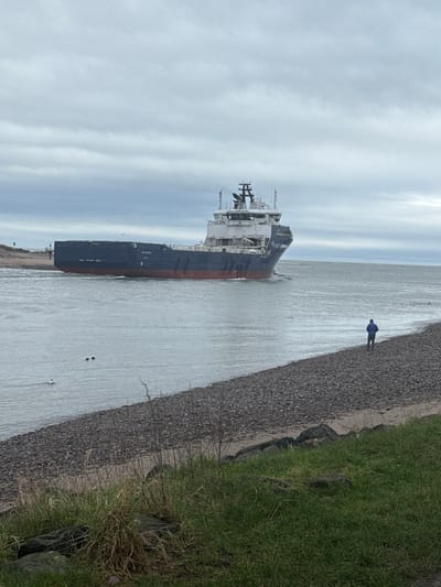 The image depicts an outdoor maritime scene at the Montrose Channel entrance in Montrose, United Kingdom, under an overcast sky. A large offshore support vessel, identified as "BO HETLAND" with "NORWAY" visible below its name, is transiting eastward through the waterway, generating a bow wave and wake. The vessel's hull is dark blue with a red boot-top stripe, surmounted by a white multi-deck superstructure. To the vessel's port side, a rocky spit of land with a small navigational marker is visible. To the vessel's starboard side, a pebbled beach transitions into a sandy strip and then a raised grassy bank, which forms the immediate foreground. One individual, wearing a blue jacket and dark trousers, stands on the pebbled beach, facing the vessel and observing its movement. Four waterfowl, specifically one white and three dark-plumaged birds, are present in the water near the channel's left bank. The immediate foreground features green grass, scattered rocks, and sparse dry vegetation.
