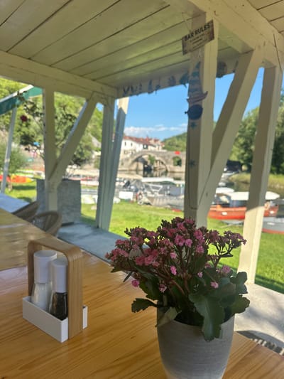 A close-up shot focuses on a wooden table with a small holder containing two spice shakers, one filled with salt and the other with pepper. To the left of the shakers, a potted plant with pink flowers and green leaves is placed in a grey vase. The background reveals a scene viewed through an open-air wooden structure with white beams.
Through the structure, a body of water is visible with several boats docked. Further in the distance, an old stone bridge with arches crosses the water, suggesting a historical or picturesque location. Green grass and trees surround the area, indicating an outdoor setting during daylight. The sky is blue with some clouds. The overall impression is a relaxed, possibly seaside or riverside ambiance.
A small sign with "BAR RULES" is affixed to one of the wooden beams of the structure. The scene appears tranquil and sunlit, suggesting a pleasant day, possibly late morning or afternoon. The wooden table has a natural grain pattern, and the spice holder has a modern, minimalist design.