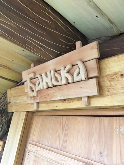 The image displays a close-up view of a wooden sign with carved letters that spell out "SHUSHA". The sign is attached to a light-colored wooden plank, which is itself mounted on a darker wooden surface. The carving style is rustic, with rounded edges on the letters. The sign appears to be outdoors, as indicated by the natural wood grain and the presence of some dried vegetation or straw visible beneath the sign. The background consists of wooden planks with varying wood grain patterns and colors, suggesting a natural or rustic construction. There is no indication of time of day or weather conditions, and no people are visible in the image. The context provided places the location as Nizhnyaya Shilovka, Russia.