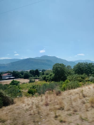 The image captures a panoramic view of a rural landscape with mountains in the background, likely in the vicinity of Kalambaka, Greece. The sky is a clear, light blue with a few wispy white clouds. A power line is faintly visible diagonally across the upper portion of the sky.
In the mid-ground, rolling hills covered in dense green trees and vegetation dominate the scene. A cluster of buildings, including a house with a red roof and white walls, is nestled among the trees on the left side of the frame. A light-colored structure, possibly a shed or awning, is attached to the side of the house. The ground in front of the buildings appears to be a field with dry, yellowish-brown grass.
Further into the background, layers of majestic mountains recede into the distance, their slopes covered in dark green foliage. The overall impression is one of a serene, natural setting with signs of human habitation integrated into the environment. The image appears to have been taken from a moving vehicle, as indicated by the slight blurriness of the foreground.