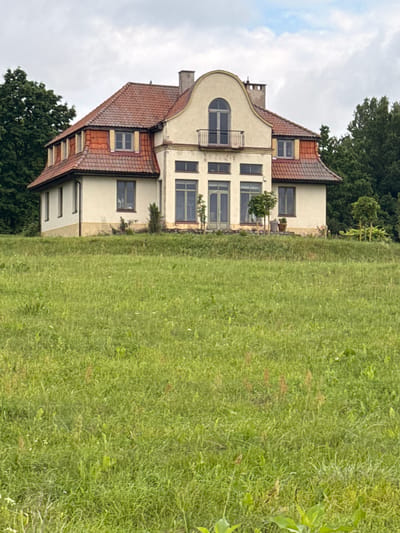 This is a full, eye-level, outdoor, vertical shot of a large, tan, two-story house with a red tile roof, set against a backdrop of lush green trees and a pale, overcast sky. The house is situated on a gentle slope, with the foreground dominated by a wide expanse of bright green grass speckled with wildflowers and some dry weeds. The house itself has a prominent mansard roof with several dormer windows. The front facade features a rounded arch window above a small balcony on the second story, flanked by two smaller windows. The first floor has a central section with tall windows and doors, and two smaller wings extending to the sides, each with rectangular windows. A chimney is visible on the right side of the roof. Several small trees and potted plants are placed around the base of the house. The area around the house appears to be a rural or semi-rural setting, possibly a park or estate, located in Aukštieji Rusokai, Lithuania. There are no people or animals visible in the image.