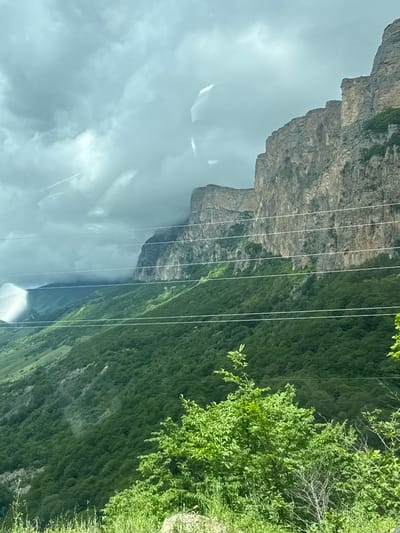 The image depicts a dramatic mountainous landscape in Verkhnyaya Balkariya, Russia. The primary subjects are imposing, steep rock formations and a densely forested mountainside. The scene is dominated by the rugged texture of the rock face on the left, with layers and strata clearly visible, suggesting geological age. To the right, a vibrant green, tree-covered slope cascades down, indicating a lush and possibly temperate environment.

Several thin, white cables traverse the scene horizontally, suggesting the presence of a power line or possibly a cable car system, which are common in mountainous tourist areas. These cables cut across both the rock and the forest, adding a man-made element to the natural grandeur. In the foreground on the far right, there are additional green trees and vegetation, appearing closer to the viewer, with a few wildflowers and dry grasses scattered amongst them.

The sky is overcast with diffused light, suggesting either early morning, late afternoon, or a cloudy day. There are streaks and patches of lighter clouds, some appearing wispy and others denser. The overall mood conveyed by the image is one of awe and the raw power of nature, with a hint of human presence through the cables. The time of day is not definitively identifiable, but the soft, diffused light might suggest it is not the harsh midday sun. The location cues are primarily the distinct rock formations and dense forest, characteristic of mountainous regions. No people or specific activities are visible. There is no visible text in the image.