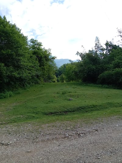 The image depicts a clearing in a lush, green landscape, likely in the city of Khwap, Abkhazia. The foreground is a gravel path, leading to a gently sloping grassy area. Dense green trees line the sides of the clearing, forming a natural amphitheater. In the distance, rolling hills or mountains are visible, shrouded in a light haze. The sky above is a bright, overcast white with scattered clouds. No people or specific objects of note are visible within the scene. The overall impression is one of a serene, natural environment.
