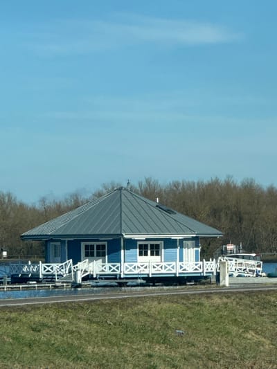 The image displays a bright blue, single-story house with a gray pyramidal metal-seamed roof situated on a body of water in Altenheim, Germany. The house features white exterior trim, multiple white-framed windows, and white doors, some appearing as double French doors, all surrounded by a white railing with a repeating 'X' pattern, forming an elevated deck or porch. A small vent/chimney and a skylight are visible on the roof. The structure appears to be supported by a submerged or floating platform.
To the left of the house, additional white railings extend over the water. To the right, a white sloped gangway or ramp descends into the water, partially obscuring a white pontoon-style boat. A red-and-white striped pole stands vertically near the boat. The immediate foreground consists of a strip of green grass with a horizontal dirt path or road. The background is dominated by a dense line of bare deciduous trees. The sky above is clear and light blue with minimal cloud cover. No individuals are present in the scene, and no overt actions or interactions are occurring.