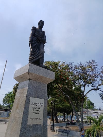 This image depicts a public plaza in San Joaquín, Venezuela, under a clear blue sky with scattered light clouds. A dark-colored, full-body statue of a male figure, appearing to wear a military uniform with epaulets and a sash, stands on a multi-tiered grey stone pedestal in the foreground-midground. The statue holds a rolled object in its left hand and faces slightly right. A rectangular plaque with an inscription is affixed to the front of the pedestal. The plaza contains numerous trees, some exhibiting reddish-orange blossoms, and several dark-colored metal park benches. A small child, wearing a light top and dark bottoms, stands in the lower right foreground, partially obscured by a small palm tree. Additional indistinct individuals are visible in the mid-ground, some seated on benches. The background reveals a city street with parked and moving vehicles, along with buildings and more vegetation. A tall, slender pole is visible to the far left.