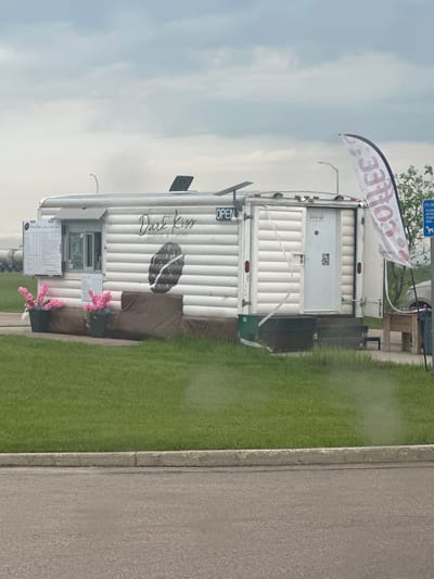 The image shows a white food truck named "Dark Kiss COFFEE & MORE" parked on the side of a road next to a grassy area. The food truck is the primary subject, with its service window and menu boards visible. A banner with the word "COFFEE" printed in red is displayed on a flagpole attached to the truck. The scene appears to be outdoors during daylight, under an overcast sky. The ground is a mix of asphalt and grass. There is a concrete curb separating the road from the grass. Some pink flowers are planted in pots near the service window, adding a touch of color to the scene. A sign with regulations about cleaning up after dogs is visible in the background, suggesting a public or park-like setting. The overall impression is a mobile coffee vendor ready for business. There are no people visible in the image, focusing solely on the food truck and its immediate surroundings.
