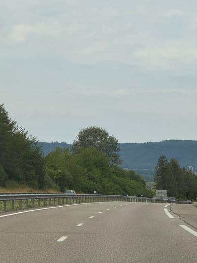 The image depicts a two-lane asphalt highway curving right, situated in a rural or semi-rural environment near Gottesheim, France, under an overcast sky. A metal guardrail extends along the left side of the road, separating it from a steep, densely vegetated embankment comprised of various green trees and shrubs. Beyond the curve on the left, a dark-colored sedan is partially visible on the road. The background features a range of forested hills or mountains under a pale, cloudy sky. On the far right horizon, indistinct structures, possibly industrial, are faintly visible. White dashed lines mark the lanes, and solid white lines define the shoulders. No individuals are present in the scene.
