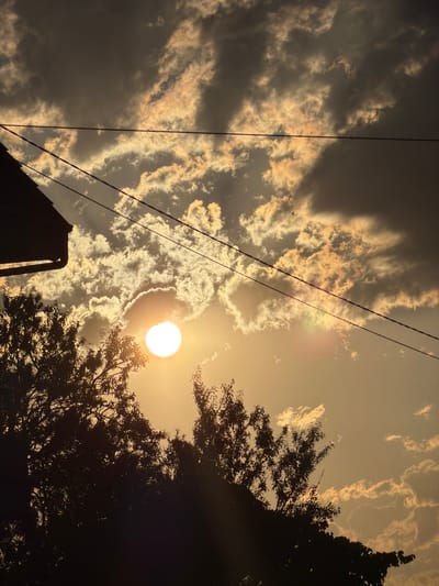 The image captures a sunset in Arcahueja, Spain. The sun, a bright white orb, is partially obscured by clouds that are illuminated with golden and orange hues. Silhouetted against the dramatic sky are the dark shapes of trees and the eaves of a building. Power lines stretch across the frame, adding a man-made element to the natural scene. The overall atmosphere is one of dramatic beauty as day transitions into night.