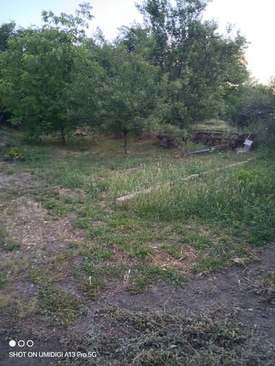 This media file depicts an outdoor scene in a rural or semi-rural setting, likely a yard or a field. The dominant subjects are trees, with lush green foliage, suggesting a temperate season, possibly summer. In the background, there is some agricultural equipment, appearing rusty and weathered, indicating it is not in current use. The ground is covered with a mix of grass, dry straw, and bare soil. The lighting suggests it is late afternoon or early evening, with the sun casting a soft glow. The overall atmosphere is peaceful and somewhat unkempt, hinting at a natural or rustic environment. There are no people or animals visible in the frame.

A notable detail is the visible text at the bottom left corner of the image: "SHOT ON UMIDIGI A13 Pro 5G". This indicates the device used to capture the photograph. The location context provided is Slobozhanske, Ukraine, which places the scene within Eastern Europe. The weather appears clear, with a bright sky visible at the top of the image. The activity taking place is simply the depiction of a static scene, with no active event occurring. The scene evokes a sense of quietude and perhaps a touch of nostalgia due to the presence of the old equipment.