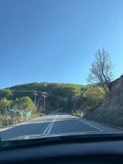 A roadside scene in Echinos, Greece, viewed from a vehicle. The image depicts a paved road flanked by a steep embankment on the right, partially vegetated with trees and rock. Power lines run parallel to the road. On the left, a blue sky is visible above the trees. A green tarp or cover is present along the road's edge. The viewpoint suggests the image was taken from inside a moving vehicle, as indicated by the partially visible frame of the car window on the right.
