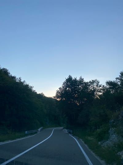 A paved road with white lines curves through a dense forest on a mountainside, with a clear blue sky above. The trees are dark green and silhouetted against the pale sky, suggesting either dawn or dusk. A metal guardrail is visible along the side of the road. The scene is peaceful and natural, with no people or signs of human activity other than the road itself. The location is not specified as Praga, Montenegro.