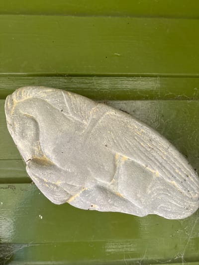 The image displays a weathered, grey stone relief sculpture or plaque resting diagonally against a vertically oriented, olive-green wooden surface. The sculpture depicts a stylized avian or mythological creature, featuring a head and elongated neck on the left, a body, and a prominent, textured wing on the right with feather-like striations. Yellow-gold discoloration, possibly faded paint or lichen, is visible along the sculpture's contours and within the wing details. The background consists of horizontal wooden planks, painted olive-green, with a slight sheen. Extensive spiderwebs are present across both the sculpture and the wooden surface, particularly along the bottom and connecting the object to the background. Small specks of dirt and debris are visible. No people, subjects, actions, or interactions are depicted. The scene is located in Stiperstones, United Kingdom.