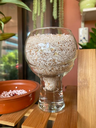 A clear glass bottle, tilted on its side, is filled with a granular, light-colored material, possibly dried food or organic matter. The bottle is resting on a wooden shelf, which is part of a larger shelving unit also made of bamboo. Below the bottle, a brown, shallow dish or bowl is visible, containing small white beads. In the background, there is a pink wall, a green plant, and out-of-focus greenery seen through a window, suggesting an indoor setting with natural light. The scene appears to be a domestic or storage area, possibly a kitchen or a craft room. The lighting suggests it is daytime. No people are visible in the image, and no text is discernible.
