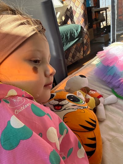 A child with a tan headband lies on a bed with a stuffed tiger and other plush toys. The child's face is partly illuminated by sunlight, revealing a birthmark near their eye. The bed is positioned near a window with a screen. The child is covered with a pink blanket with green and white designs. The location is Кипчак, Russia.