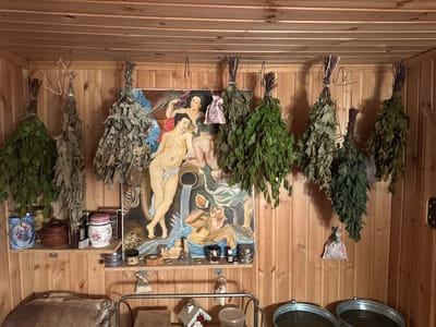The image displays the interior of a room, likely a banya or sauna, constructed with light-colored wooden planks on both the walls and ceiling. The scene is located in Bol'shaya Mos', Russia.

Suspended from numerous dark metal hooks attached to the wooden ceiling are fourteen bundles of dried and fresh foliage, commonly known as veniks. These bundles vary in color and density, with some appearing green and full, while others are dry, lighter in color, and more sparse.

Centered on the main wall is a large, vertical painting depicting multiple nude and partially draped figures in a vibrant, allegorical or mythological scene involving flowing water. A prominent central figure is a reclining nude woman, from whose vessel water streams. Other figures are shown interacting with water, including one male figure drinking from a large conch shell.

Below the painting, two light-colored wooden shelves are affixed to the wall with metal brackets. The upper shelf on the left holds a variety of containers, including a blue tin with an illustrated label, a yellow-gold tin, a brown ceramic pot with "СТАРЫЙ ТРАКТИРЪ" (Old Tavern) in Cyrillic, small glass jars with contents, and a white ceramic jar with a pink floral lid. The lower shelf on the right displays small candles in holders, a small bottle of liquid, a green ceramic cup with a red figure, and a round metal canister with a patterned lid.

Three small fabric pouches, one patterned pink and two plain white, are hanging from hooks or wires on the wall, one adjacent to the painting and two lower on the right side.

In the lower left foreground, a folded brown blanket or textile item rests on what appears to be a bench or sleeping platform. In the lower center, a metal railing or frame structure is visible. On the lower right, two silver-colored metal buckets, each containing a dark liquid, are placed on the floor. A small decorative house-shaped item is also visible on the lower left shelf area. The overall lighting is warm and slightly subdued.