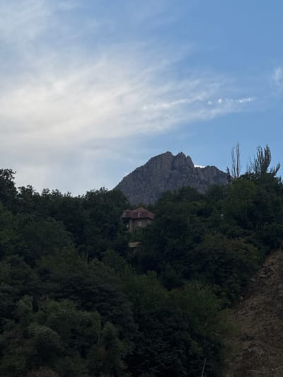 The image shows a dense forest in front of a rocky mountain peak under a cloudy sky with patches of blue. A small, reddish-brown house with white-framed windows is visible peeking through the trees. The foreground is dominated by dark green foliage, with a steep, rocky slope on the right side of the frame. The scene is likely a natural landscape with a solitary dwelling, suggesting a remote or rural setting. The specific location within Mirat, Tajikistan, is not discernible from the visual information provided.
