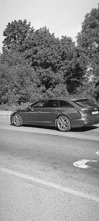 A black and white, side-view, medium shot captures a dark-colored station wagon driving on a paved road with a white lane marker. The car, which appears to be an Audi, is positioned in the right lane of a two-lane road. Lush green trees line the left side of the road, forming a dense background. The sky above is a bright, overcast white. The scene is devoid of any people or further distinguishing environmental features, offering a simple, stark depiction of a vehicle in transit. The image does not contain any specific identifiable landmarks or elements that would indicate its location within the city of Waiblingen, Germany.