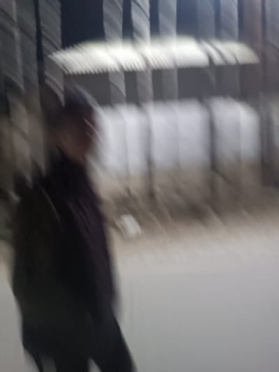 The image displays a highly blurred outdoor scene, likely captured in low light or with significant motion. In the left foreground and mid-ground, a person is visible, heavily obscured by motion blur. They appear to be wearing dark clothing, possibly a jacket or coat, and their form is a dark, indistinct mass with a slightly lighter, blurred area where their head would be. Due to the extreme blur, no facial features or clear details of their attire are discernible.

In the background, there is a structure with a distinct, light-colored, horizontally corrugated or ribbed roof. This structure resembles a shed or a small building. Behind and to the left of this structure, several vertical, blurred lines are visible, which could represent trees, fence posts, or other architectural elements. The ground in the mid-ground and foreground is a uniform light gray or off-white color, suggesting a path, bare ground, or possibly a very thin layer of snow, though details are too indistinct to confirm.

The overall impression is one of movement; either the person was moving rapidly, or the camera itself was in motion, causing the pronounced streaky blur across the entire frame. The low visibility and blurred elements suggest the photograph was taken in dim lighting conditions, such as dusk, night, or an overcast day. No discernible text is present in the image.