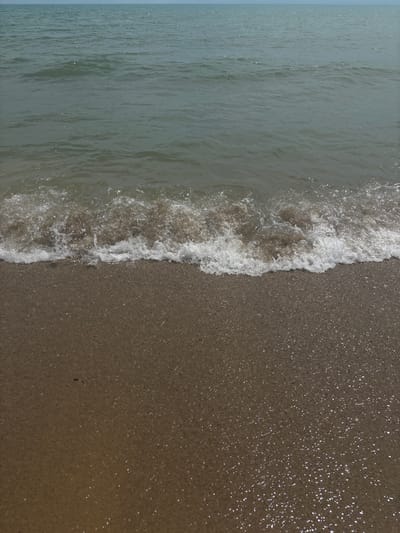The image depicts a tranquil scene of a gentle wave lapping at a sandy shore. The water is a muted green-blue, with subtle ripples reflecting the overcast sky. The wave itself is characterized by a line of white foam cresting and dissolving into the wet sand. The sand is a medium brown, appearing slightly damp and speckled with tiny, reflective particles, likely mica or other minerals, which catch the light. There are no people, structures, or prominent objects visible in the frame, emphasizing the natural and serene quality of the environment. The scene suggests a coastal location, likely along the Black Sea coast, given the reference to Bliznatsi, Bulgaria, a village situated near the sea. The perspective is from a low angle, looking down towards the water's edge.